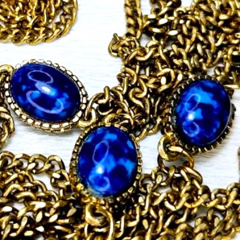 Vintage Blue Lapis Glass Cabochon Triple Chain Goldtone Matinee Length Necklace